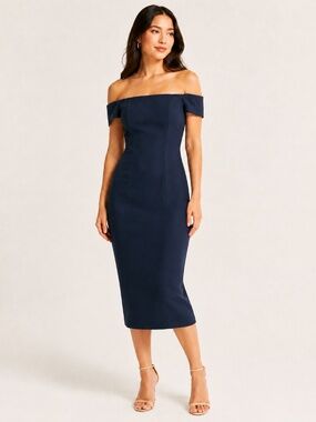 BARDOT Navy Off-Shoulder Bodycon Midi Dress | Size 4
